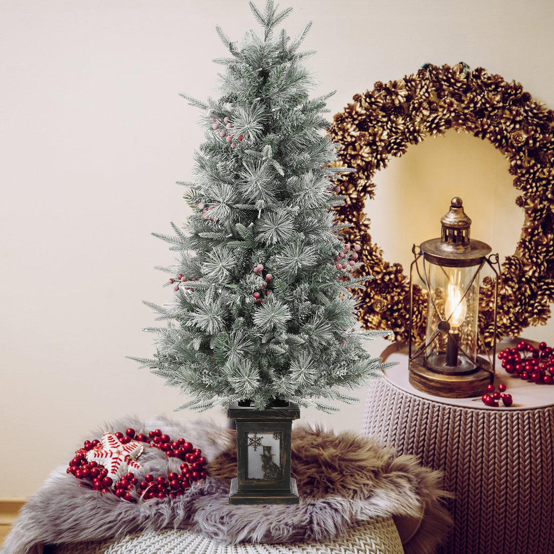 Sapin de Noël Garvee 125 cm – Avec lumières et décorations, socle bonhomme de neige pour décorations de table hivernales