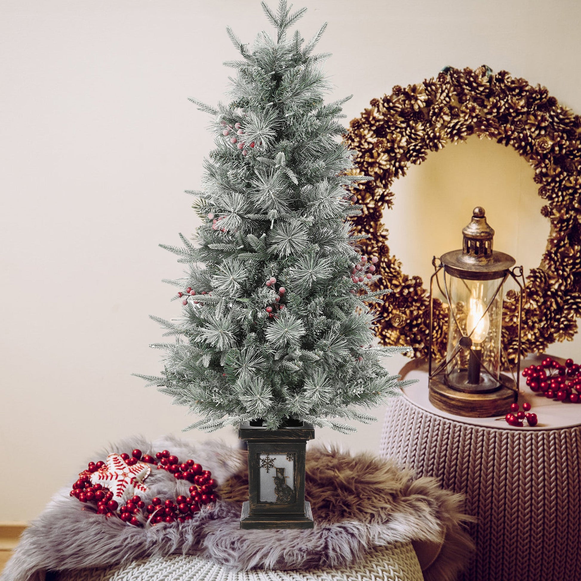 Sapin de Noël Garvee 125 cm – Avec lumières et décorations, socle bonhomme de neige pour décorations de table hivernales