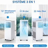 Garvee Climatiseur mobile 3-en-1 7000 BTU / 2,05 kW, silencieux, avec déshumidificateur, ventilateur, écran LED et télécommande, pour pièces jusqu’à 15 m²