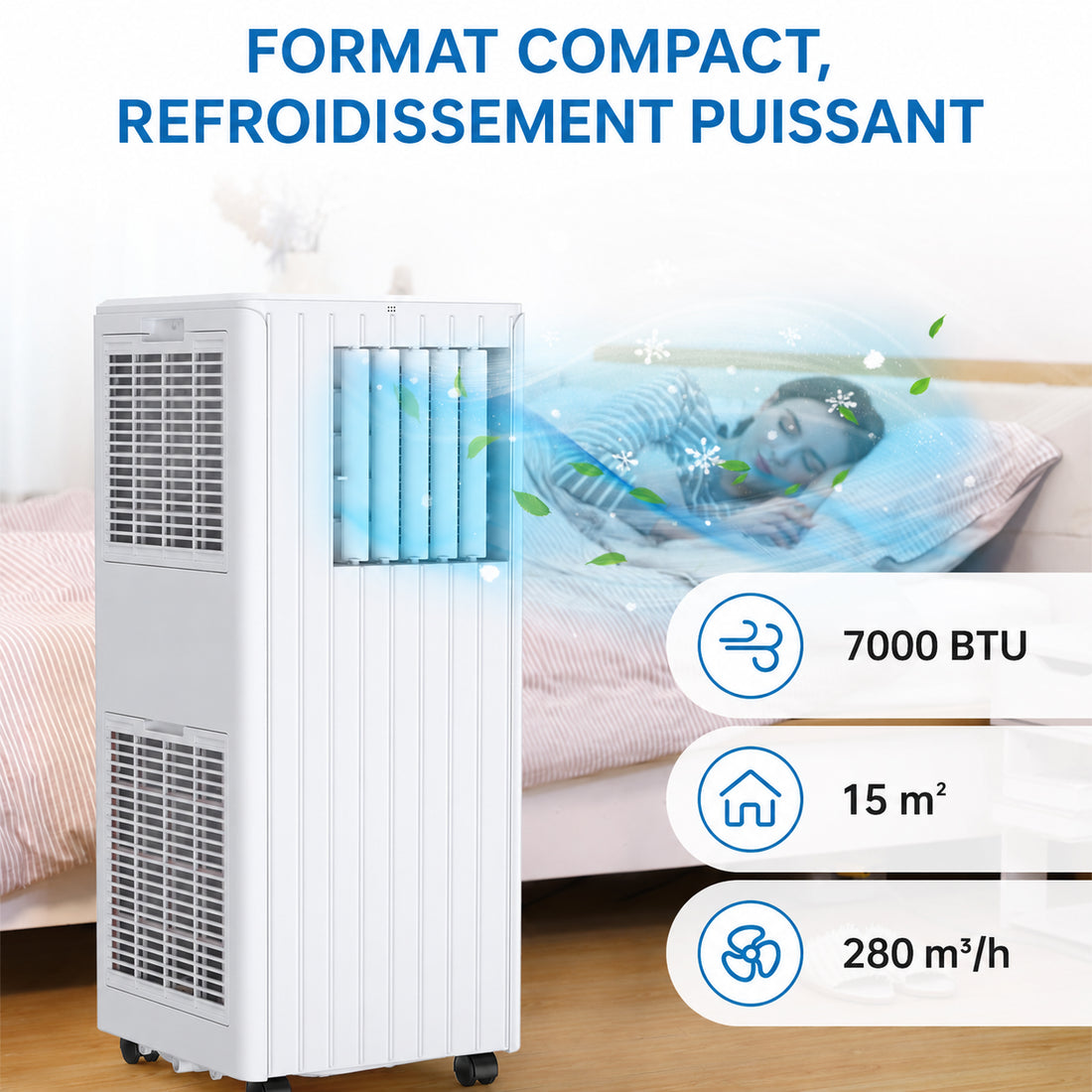 Garvee Climatiseur mobile 3-en-1 7000 BTU / 2,05 kW, silencieux, avec déshumidificateur, ventilateur, écran LED et télécommande, pour pièces jusqu’à 15 m²