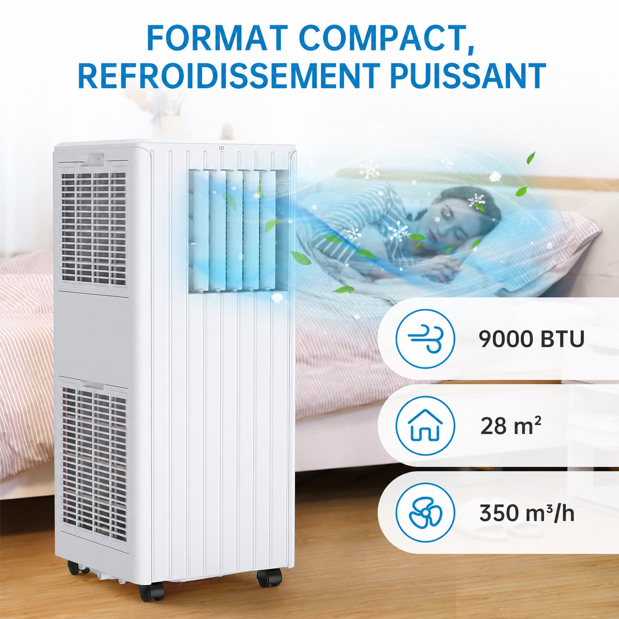 Garvee Climatiseur mobile 9000 BTU, silencieux et économe en énergie, refroidissement efficace, format compact pour maison et bureau