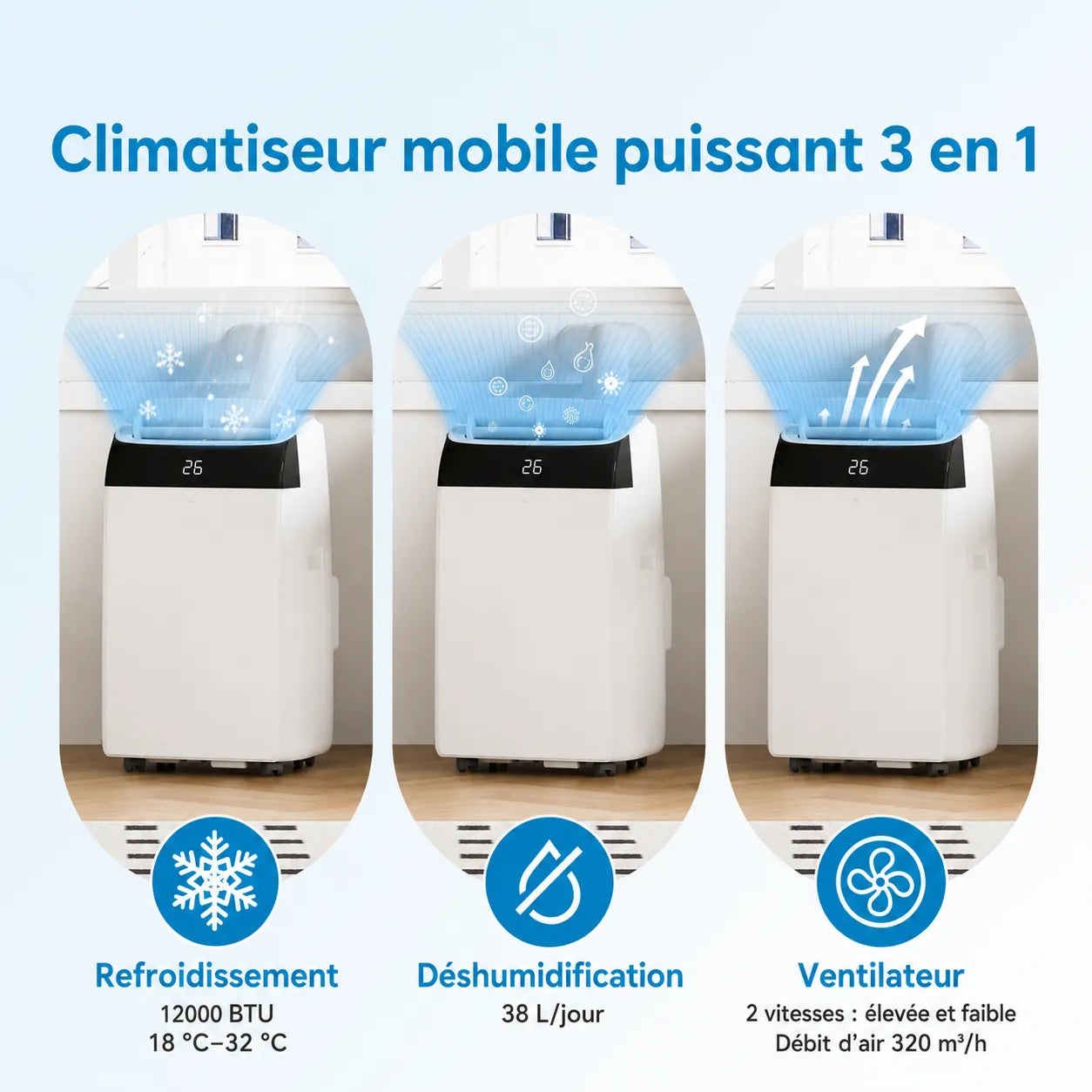 Garvee Climatiseur mobile 12000 BTU, 3 en 1 silencieux au R290, avec kit fenêtre, pour maison et bureau