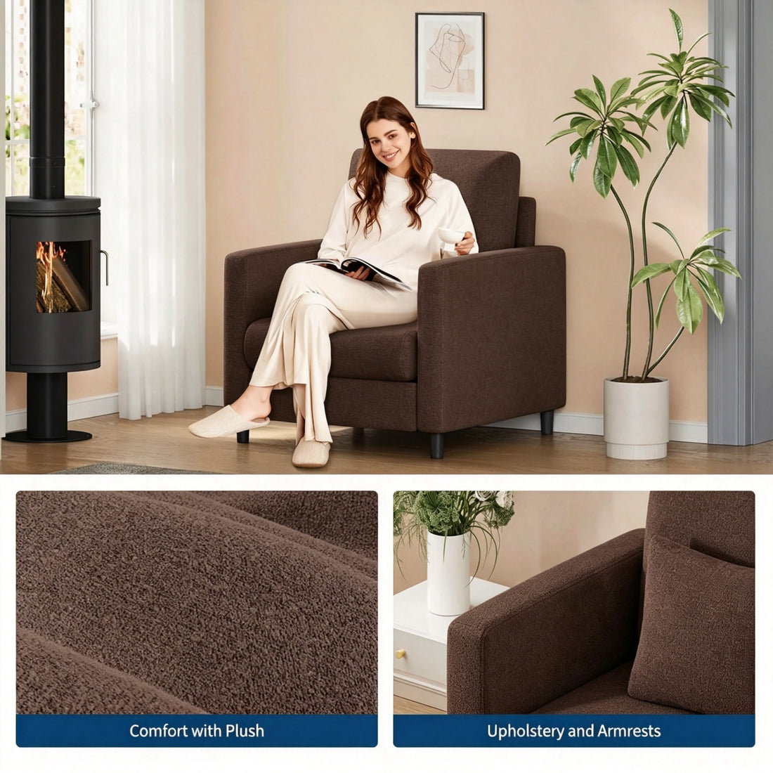 Garvee fauteuil surdimensionné brun de 86 cm en tissu bouclette, avec accoudoirs et coussins, pour salon et bureau