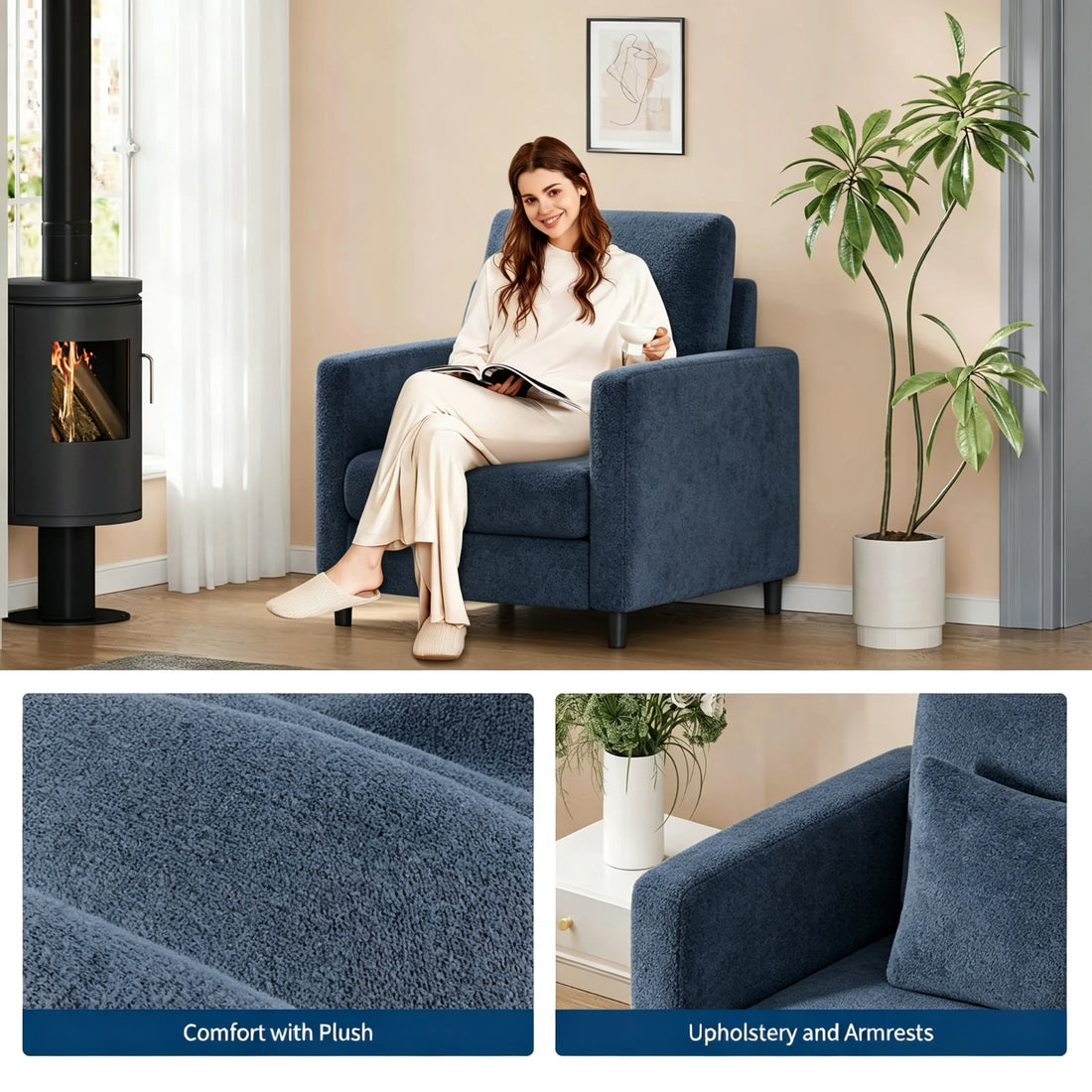 Garvee canapé 2 places compact en tissu doux bleu-gris, confort ergonomique, structure bois robuste, montage sans outil, idéal salon