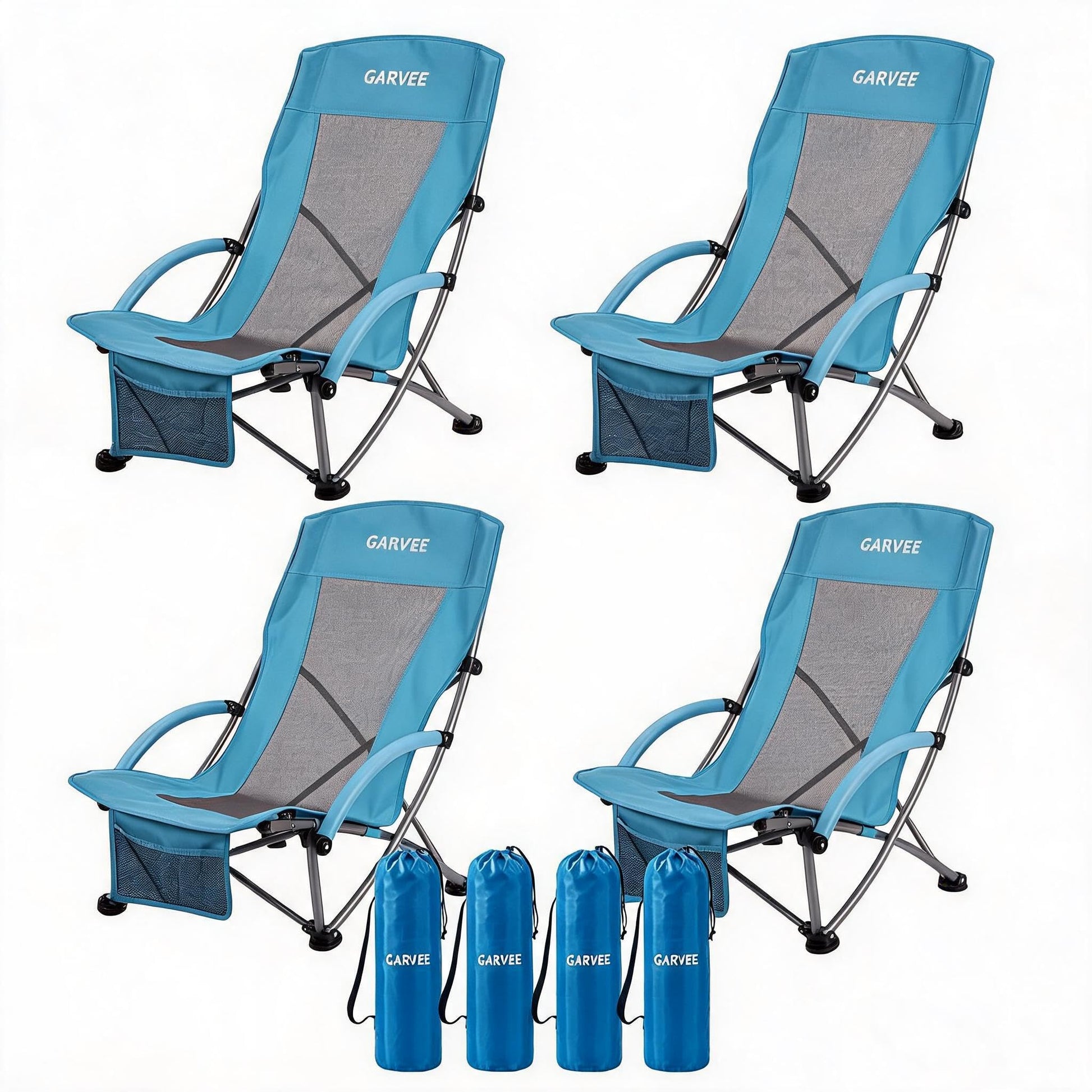Garvee Lot de 4 Chaises de Plage Pliantes Basses en Métal avec Dossier Haut et Porte-Gobelet, Bleu