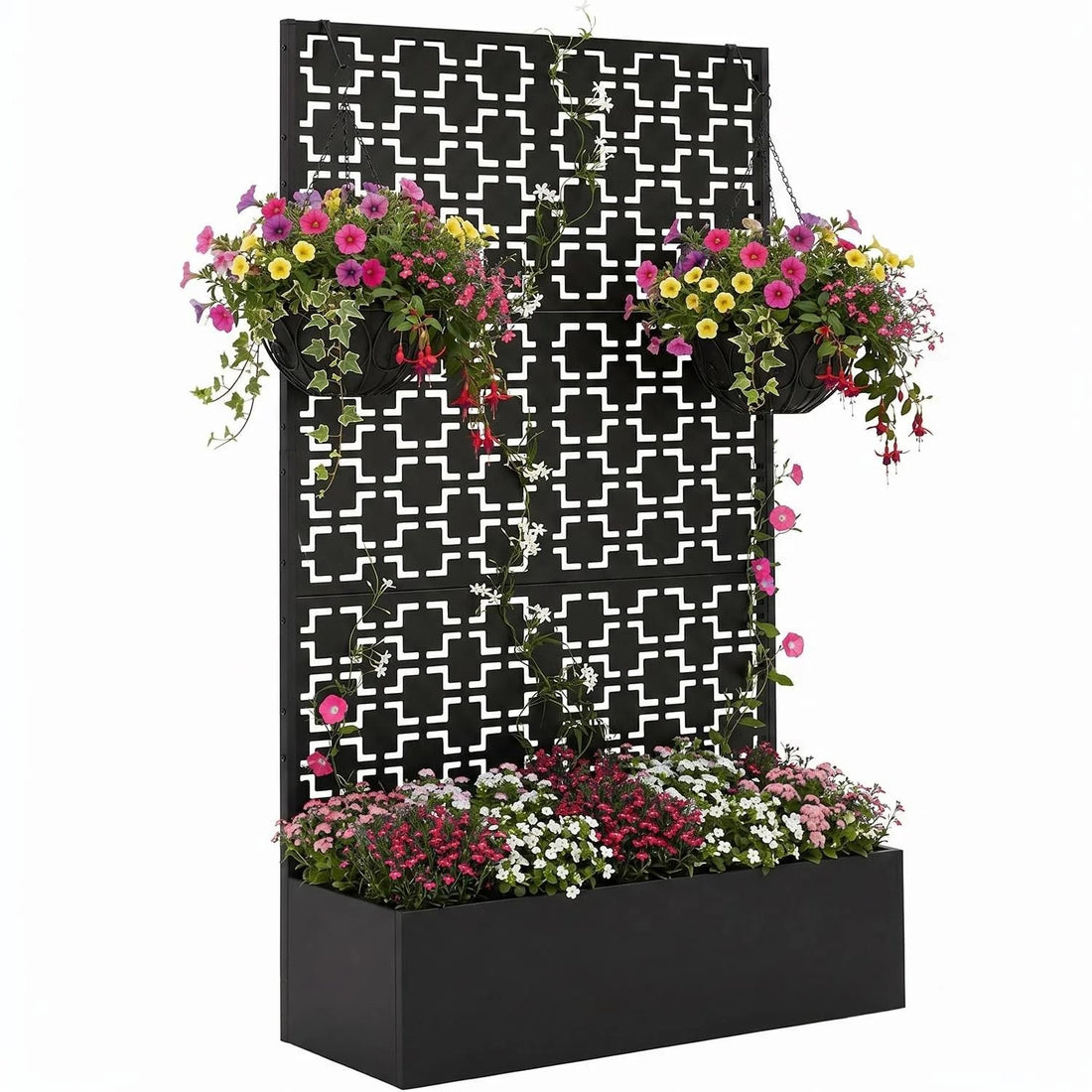 Garvee bac à plantes métallique avec treillis acier galvanisé résistant aux intempéries jardin compact 112 × 41 × 180 cm, quadrillage noir