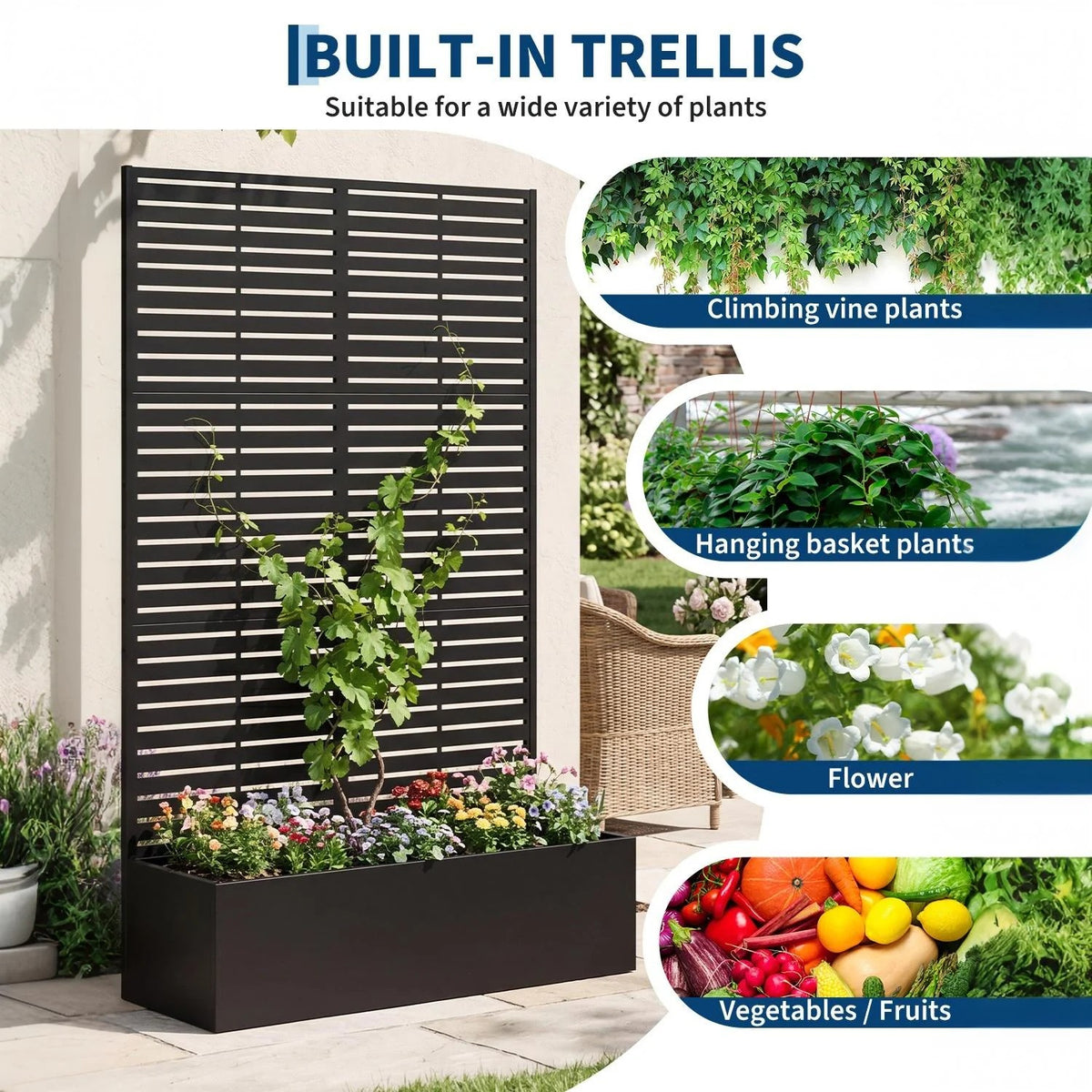 Garvee bac à plantes métallique avec treillis acier galvanisé résistant aux intempéries jardin compact 112 × 41 × 180 cm, lames horizontales