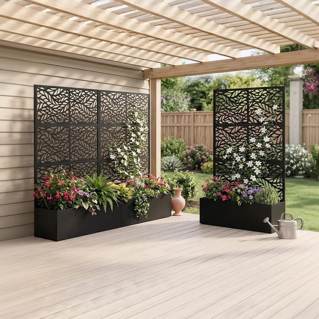 Garvee bac à plantes métallique avec treillis acier galvanisé résistant aux intempéries jardin compact 112 × 41 × 180 cm, feuilles ondulées