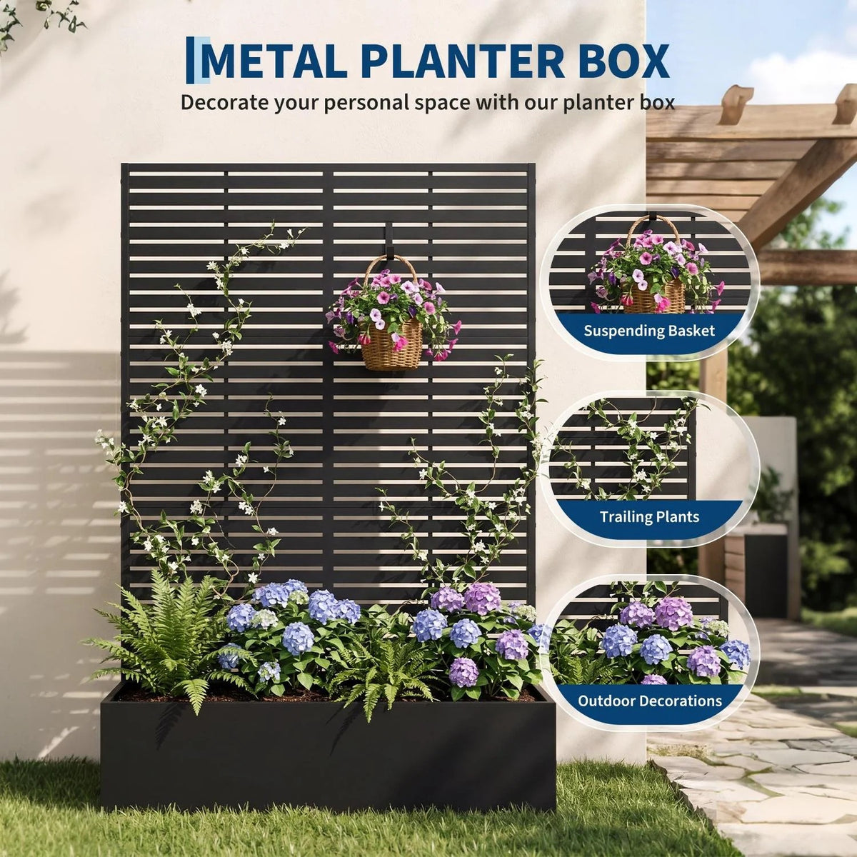 Garvee bac à plantes métallique avec treillis acier galvanisé résistant aux intempéries jardin compact 112 × 41 × 180 cm, lames horizontales