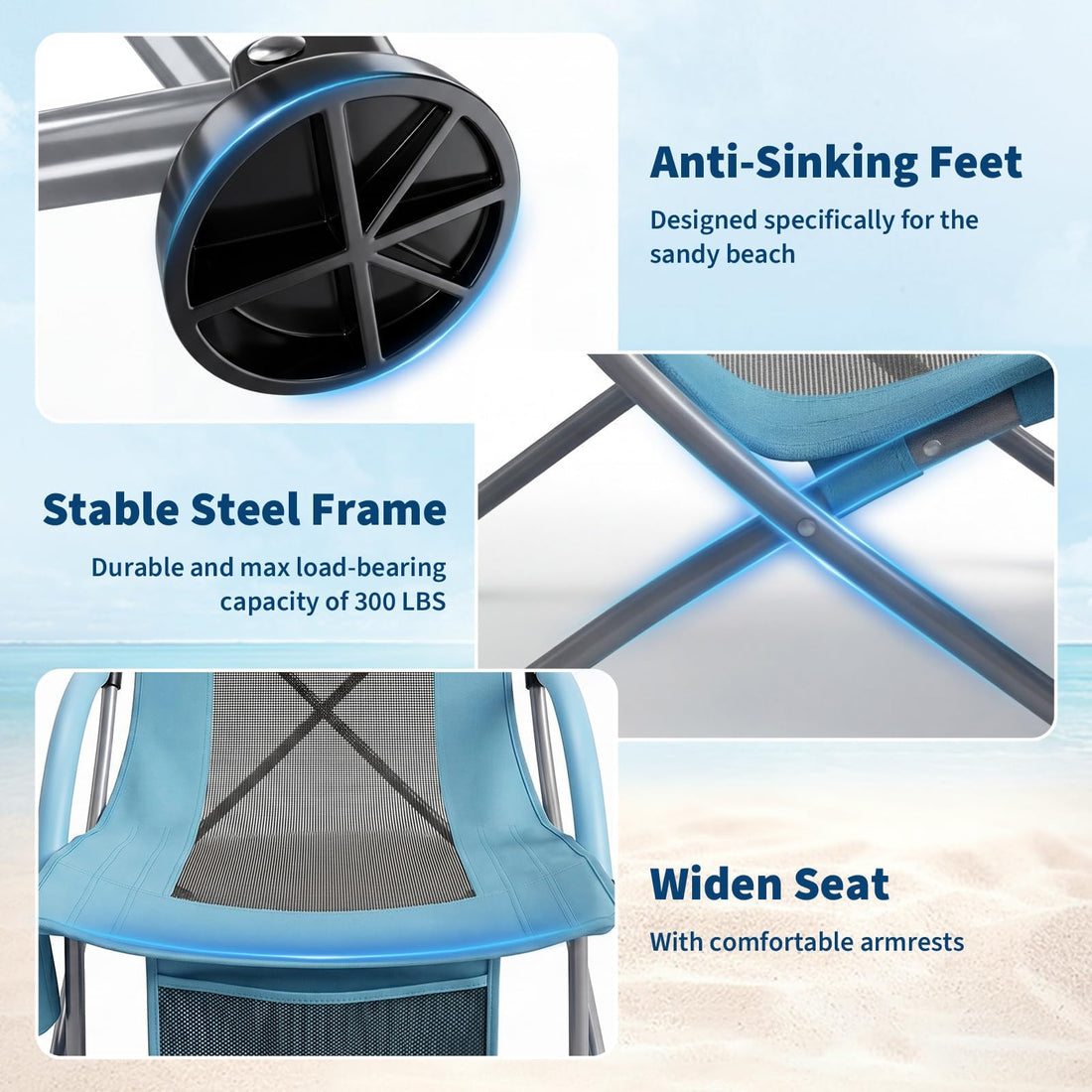 Garvee Lot de 4 Chaises de Plage Pliantes Basses en Métal avec Dossier Haut et Porte-Gobelet, Bleu