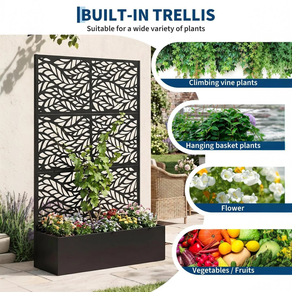 Garvee bac à plantes métallique avec treillis acier galvanisé résistant aux intempéries jardin compact 112 × 41 × 180 cm, feuilles ondulées
