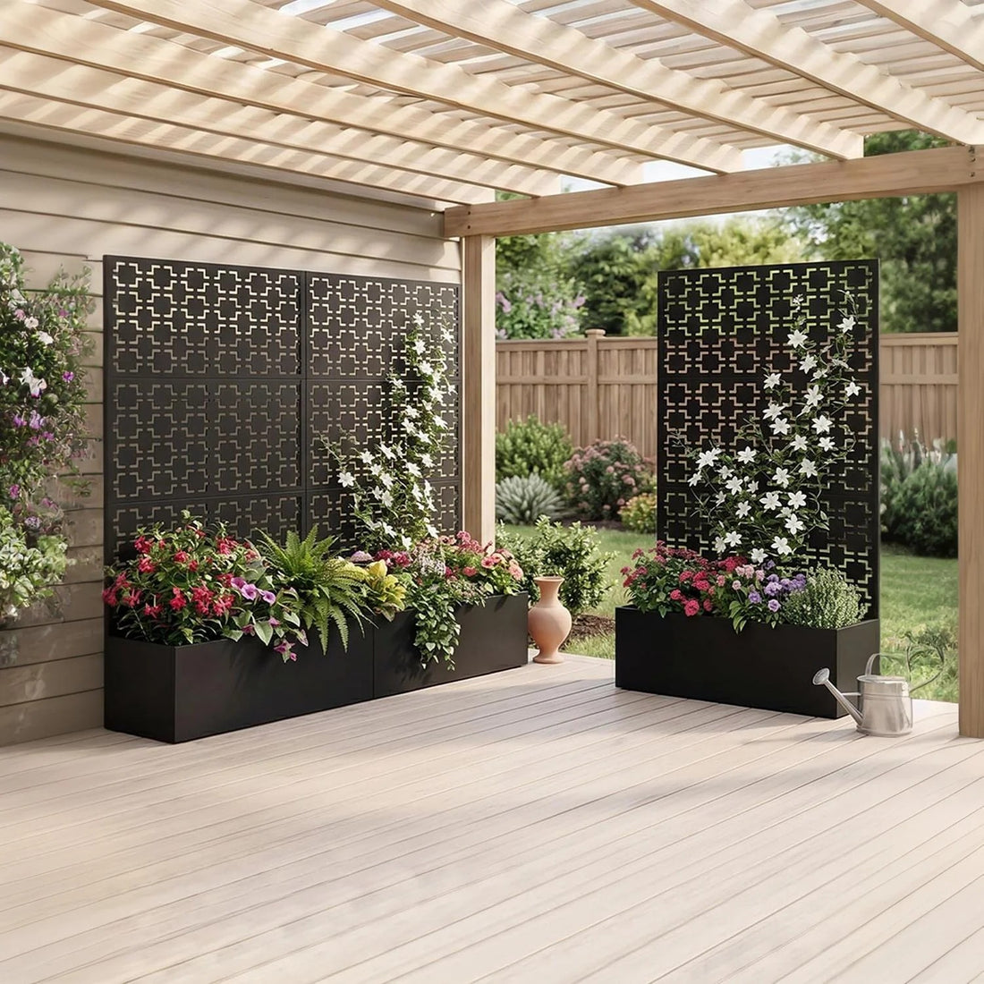 Garvee bac à plantes métallique avec treillis acier galvanisé résistant aux intempéries jardin compact 112 × 41 × 180 cm, quadrillage noir