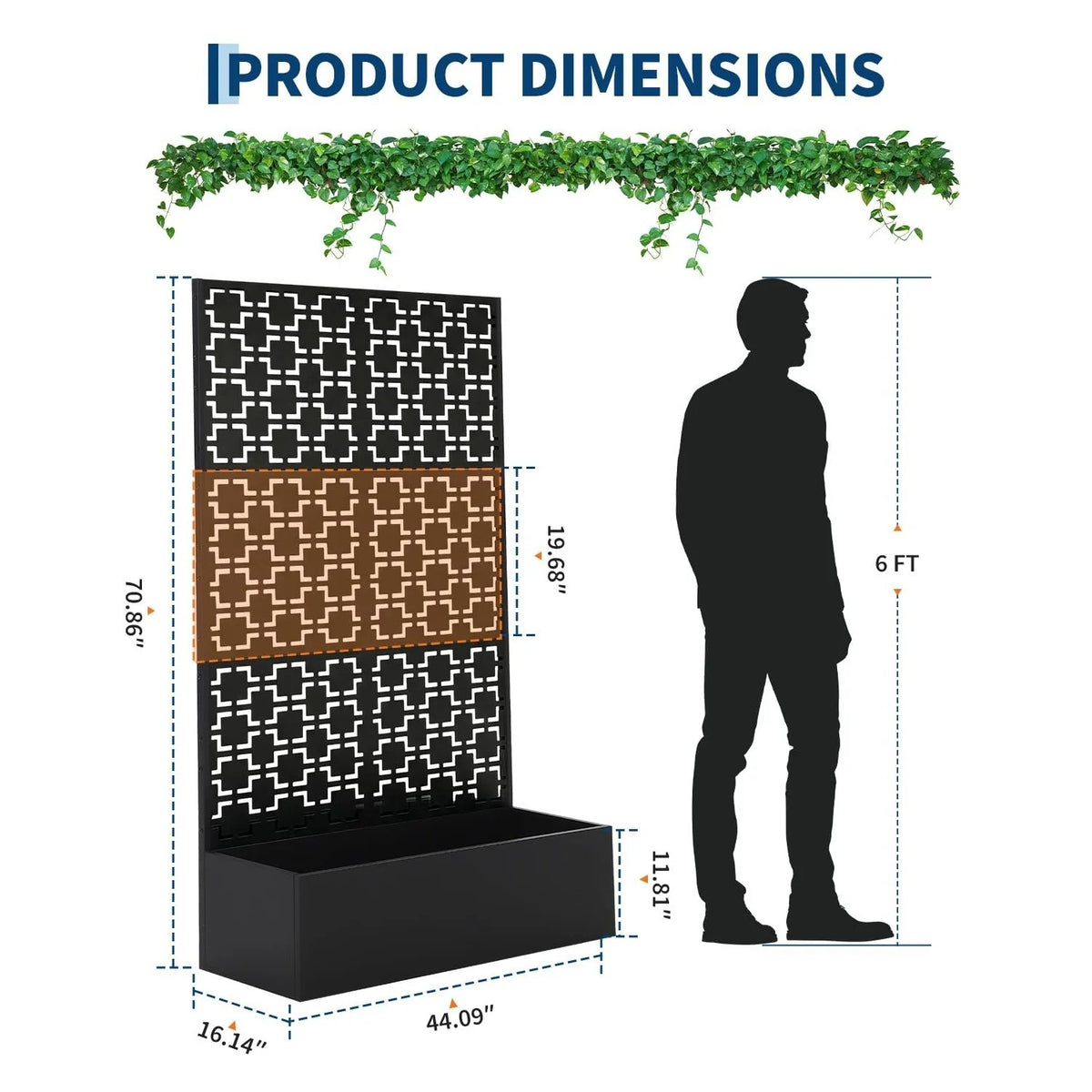 Garvee bac à plantes métallique avec treillis acier galvanisé résistant aux intempéries jardin compact 112 × 41 × 180 cm, quadrillage noir