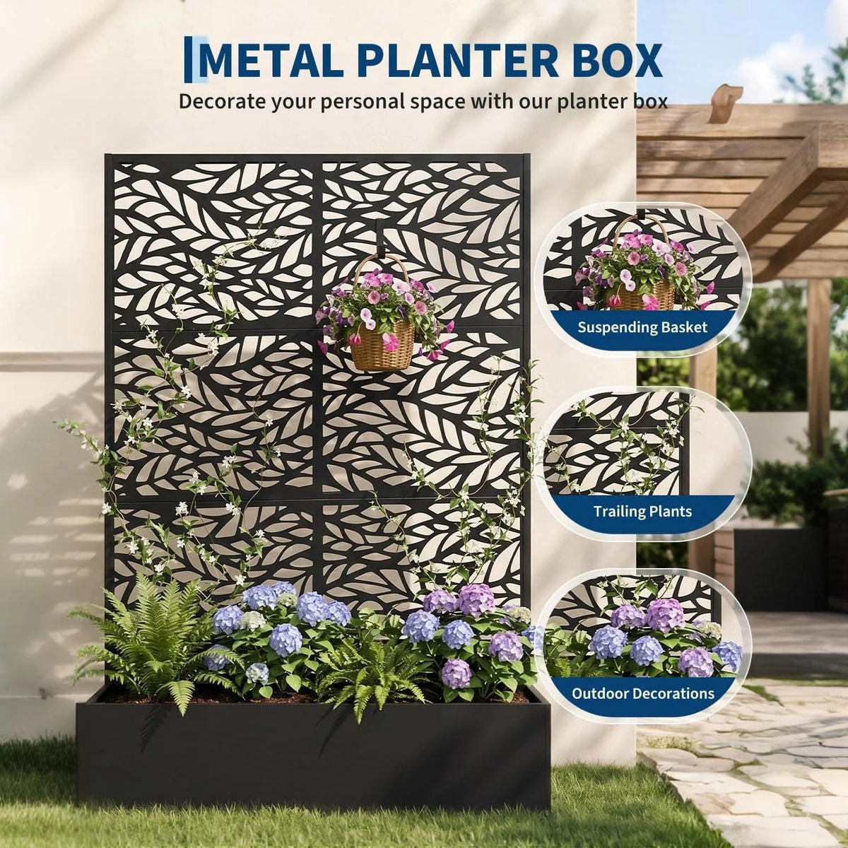 Garvee bac à plantes métallique avec treillis acier galvanisé résistant aux intempéries jardin compact 112 × 41 × 180 cm, feuilles ondulées