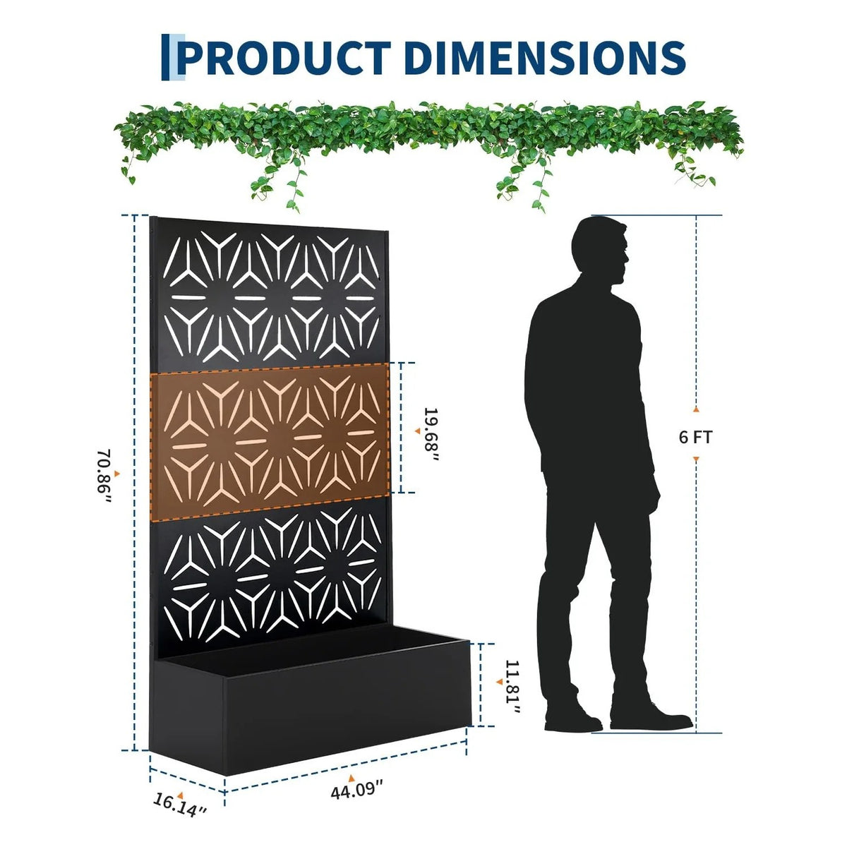 Garvee bac à plantes métallique avec treillis acier galvanisé résistant aux intempéries jardin compact 112 × 41 × 180 cm, grande fleur