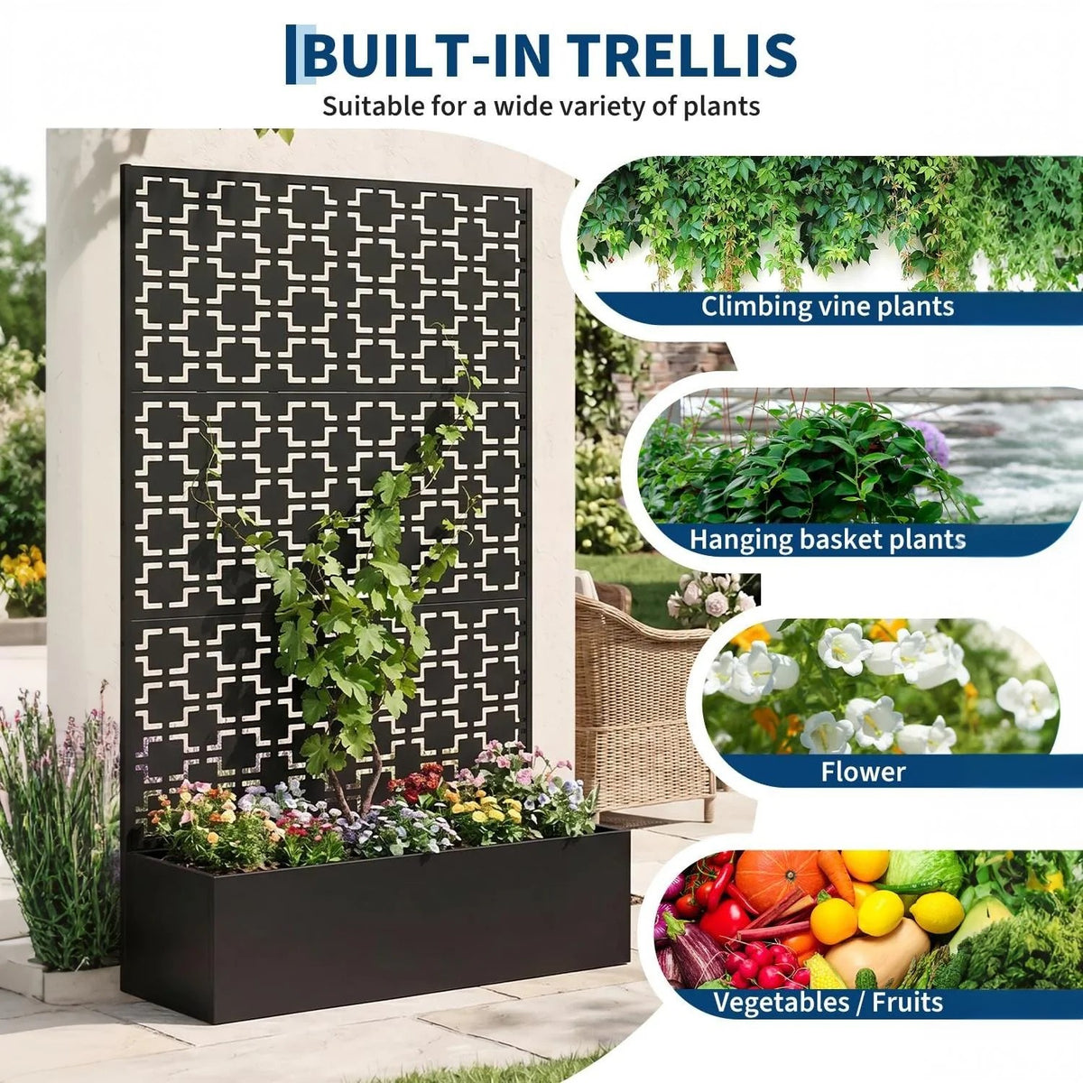 Garvee bac à plantes métallique avec treillis acier galvanisé résistant aux intempéries jardin compact 112 × 41 × 180 cm, quadrillage noir