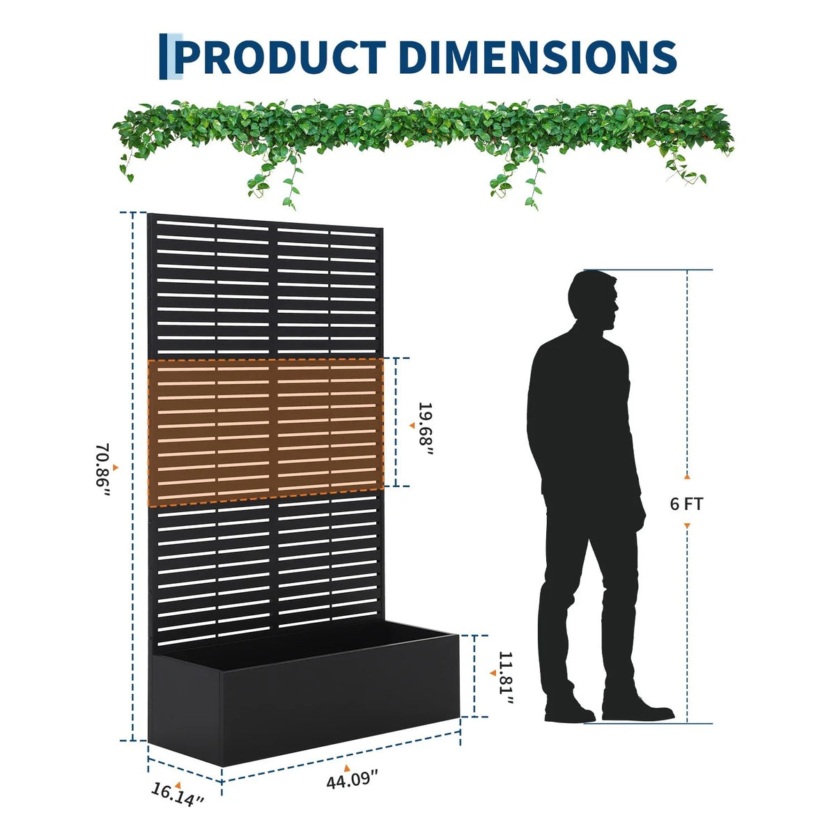 Garvee bac à plantes métallique avec treillis acier galvanisé résistant aux intempéries jardin compact 112 × 41 × 180 cm, lames horizontales