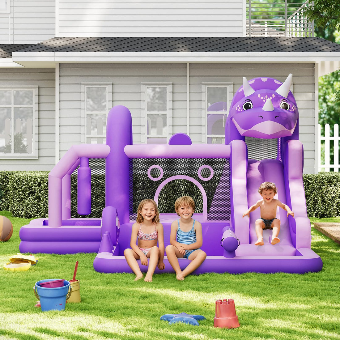 GARVEE Château gonflable pour enfants avec toboggan aquatique, thème dinosaure, installation rapide, accessoires inclus, capacité 113 kg