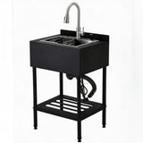 Garvee Évier en Acier Inoxydable 65x53x100 cm, Bac Unique, Meuble Noir, Surface Polie, Robinet Col de Cygne Pivotant à 360°, Pour Cuisine, Buanderie ou Atelier