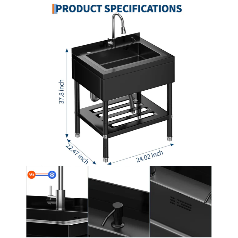 Garvee Évier multifonction en acier inoxydable 304 noir, 65,28 × 52,58 × 100,33 cm, robinet 360° et étagère inférieure pour garage et buanderie