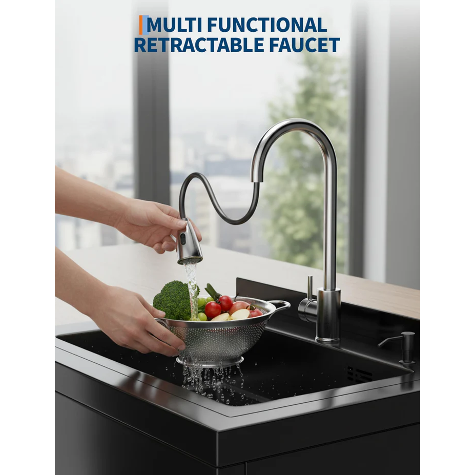 Garvee Évier multifonction en acier inoxydable 304 noir, 65,28 × 52,58 × 100,33 cm, robinet 360° et étagère inférieure pour garage et buanderie