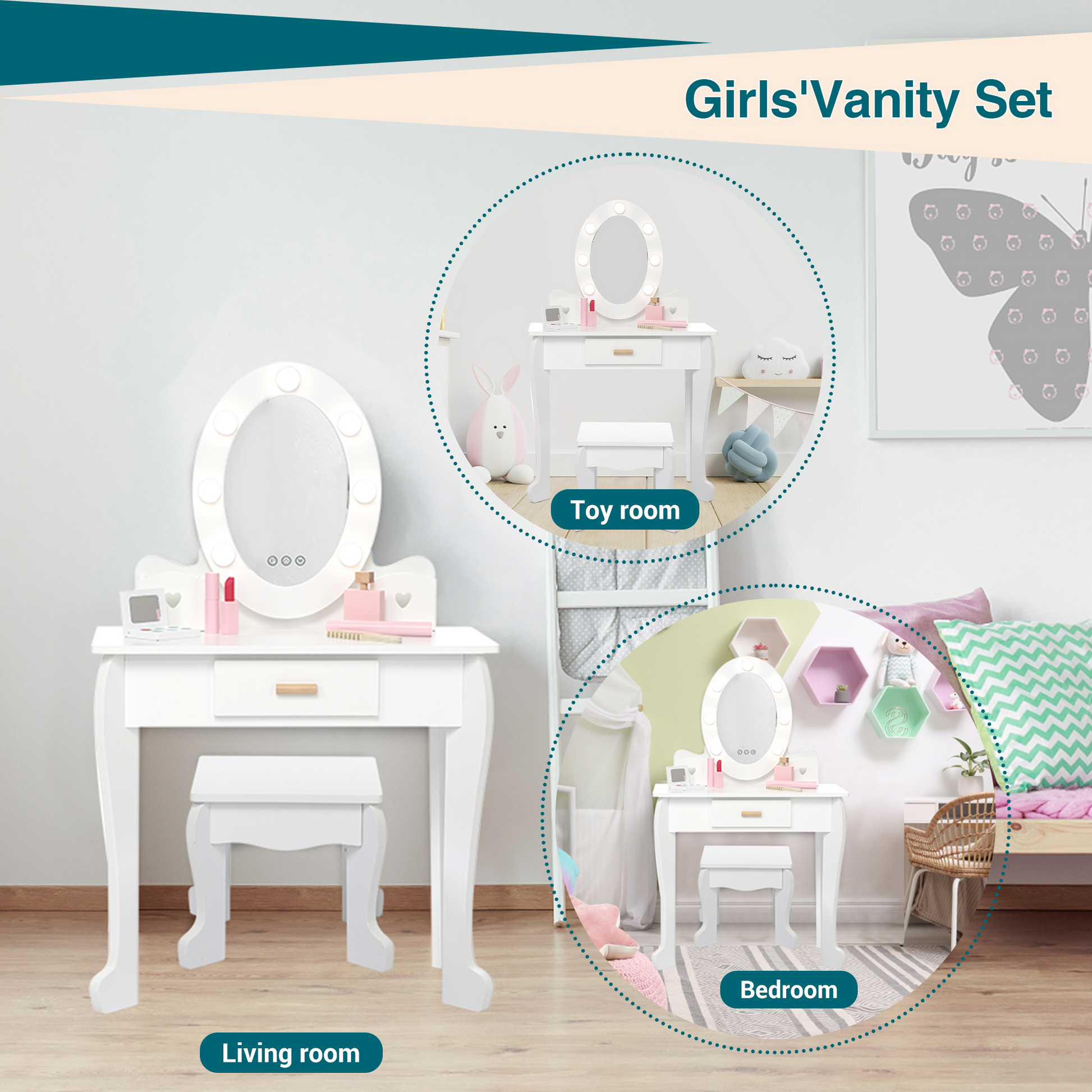 Ensemble coiffeuse Garvee pour enfants avec miroir et lumière, en bois MDF, bords arrondis, tabouret, pour filles de 4 à 9 ans, blanc, pour chambre et salle de jeux