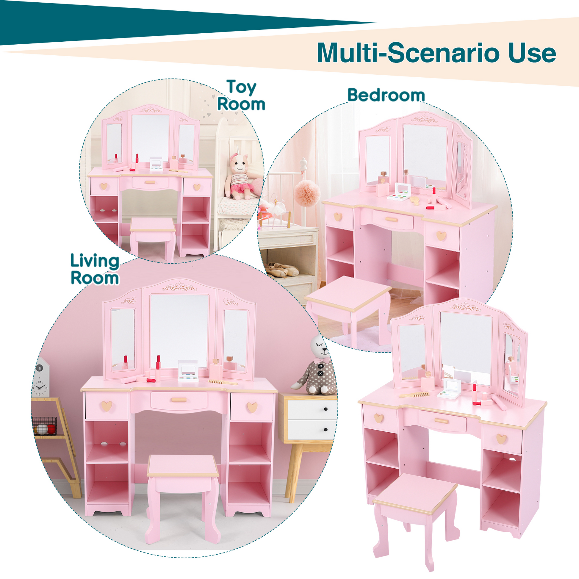 Coiffeuse Garvee pour enfants avec miroir à trois compartiments, rangement et tabouret, MDF, rose, pour filles de 3 à 9 ans, chambre et salle de jeux