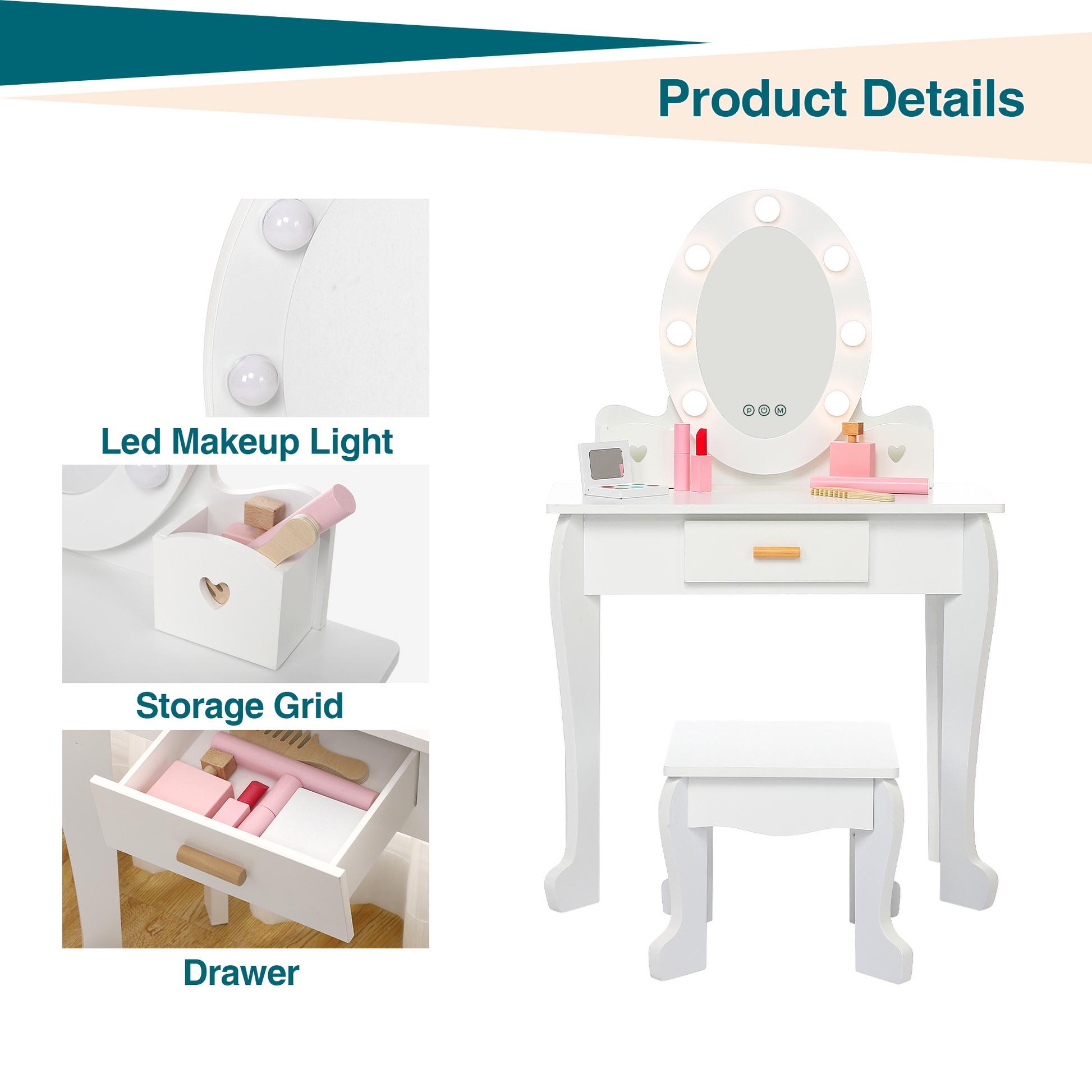 Ensemble coiffeuse Garvee pour enfants avec miroir et lumière, en bois MDF, bords arrondis, tabouret, pour filles de 4 à 9 ans, blanc, pour chambre et salle de jeux