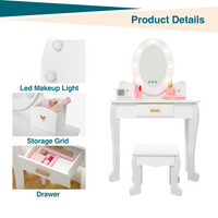 Ensemble coiffeuse Garvee pour enfants avec miroir et lumière, en bois MDF, bords arrondis, tabouret, pour filles de 4 à 9 ans, blanc, pour chambre et salle de jeux