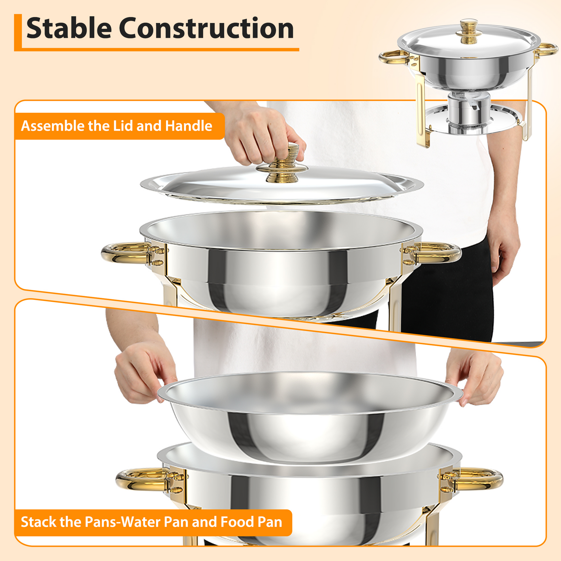 Ensemble de 6 chauffe-plats Garvee 5Qt en acier inoxydable avec couvercle bombé, idéal pour les traiteurs, mariages et fêtes - Grand ensemble professionnel