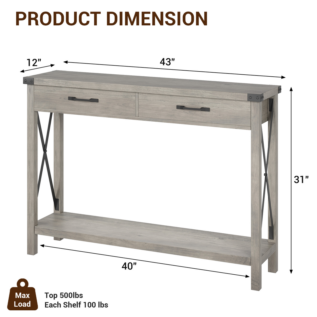 Console Garvee à 2 tiroirs, style campagnard, étagère de rangement, MDF et métal, gris, pour entrée et salon