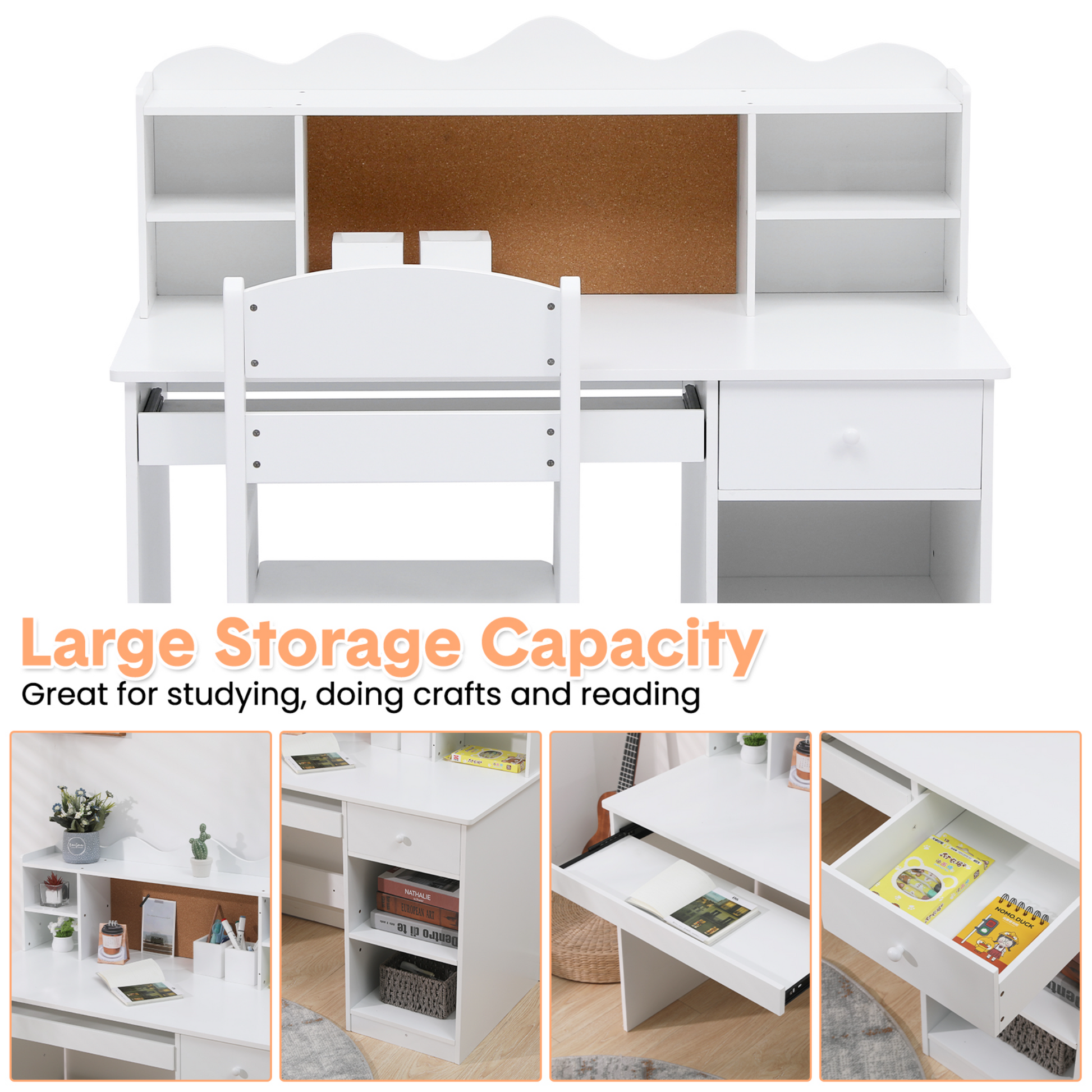Ensemble bureau en bois Garvee pour enfants avec rangement, tableau d'affichage, support pour clavier et porte-stylo, idéal pour les chambres de garçons et de filles. Dimensions : 92,5 cm (H) x 95 cm (L) x 48 cm (l).