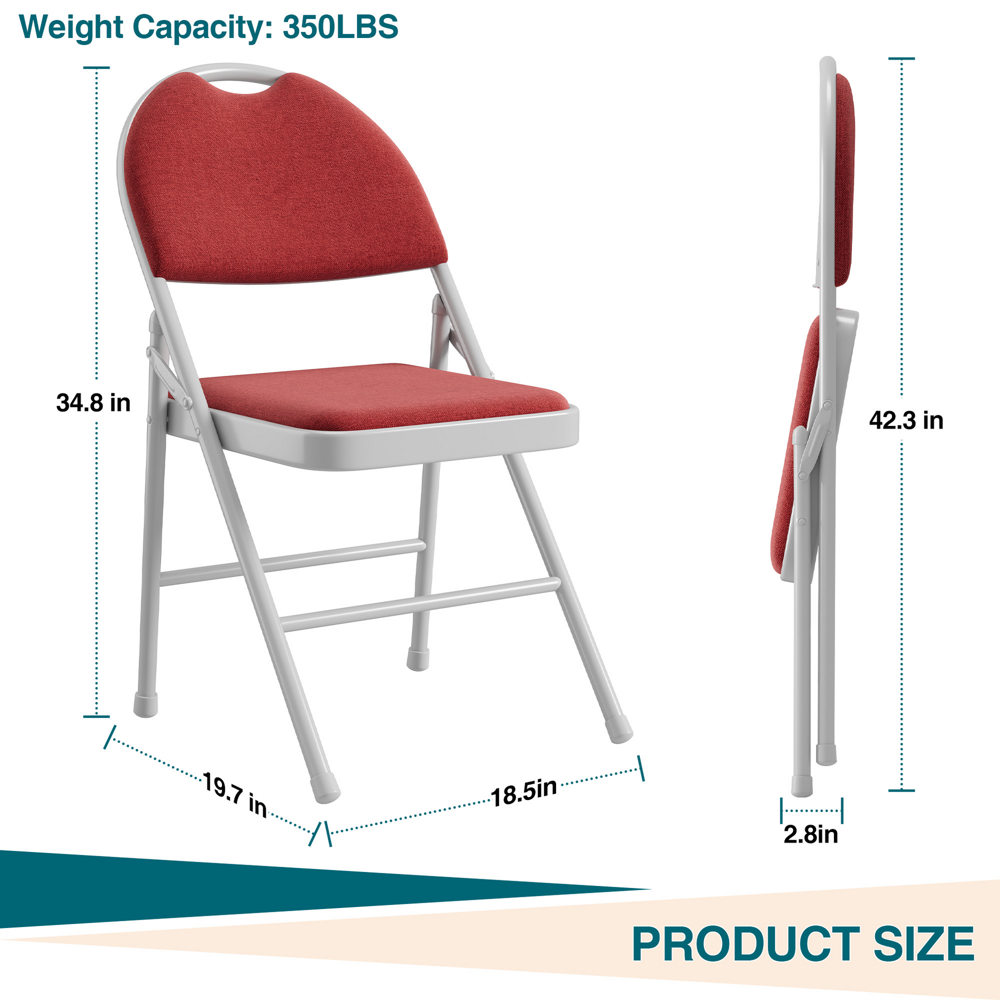 Ensemble de 2 chaises pliantes Garvee avec revêtement en lin rembourré, structure en métal, ergonomiques et empilables, idéales pour le camping et le bureau, rouge.