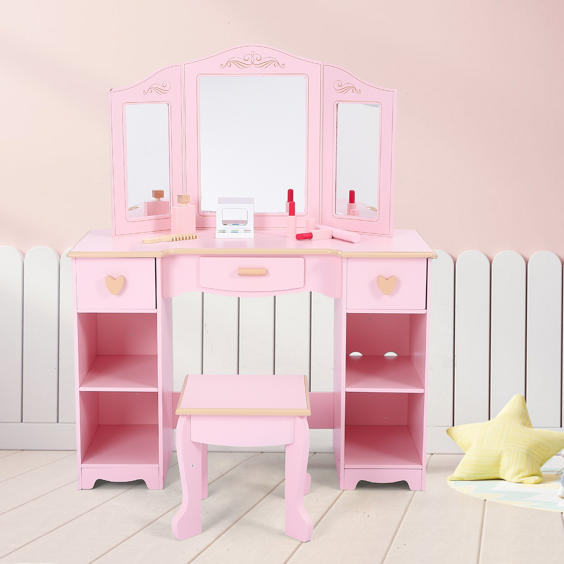 Garvee Coiffeuse pour enfants avec miroir à trois compartiments, rangement et tabouret, MDF, pour filles de 3 à 9 ans, chambre et salle de jeux, rose