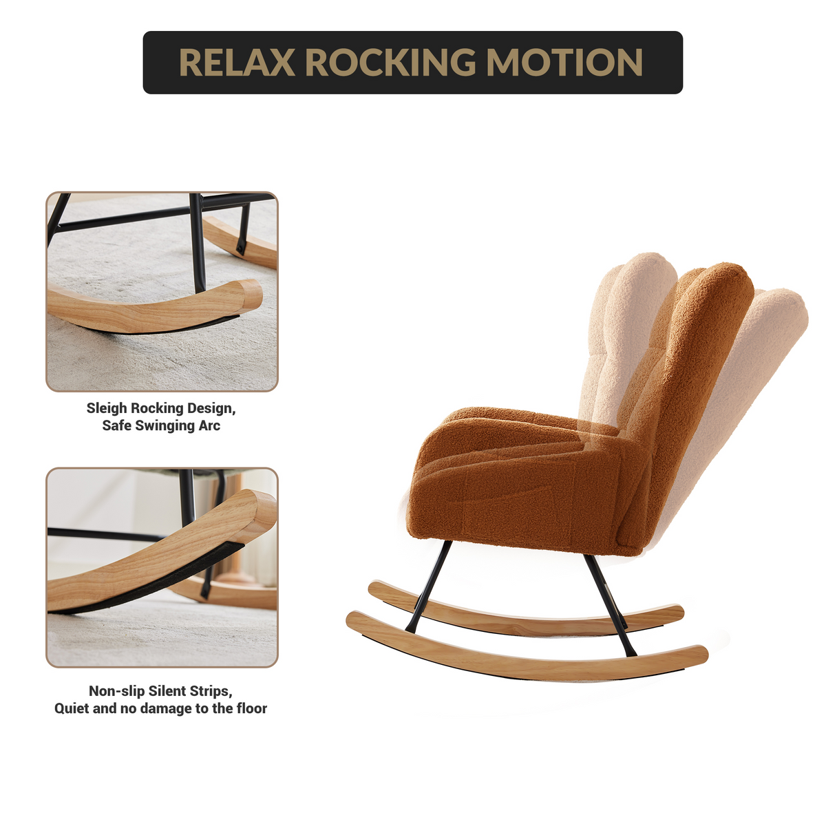 Fauteuil à bascule Garvee pour chambre d'enfant, ergonomique, revêtement doux en peluche, structure en fer, pieds en bois, marron, idéal pour l'allaitement et la détente.