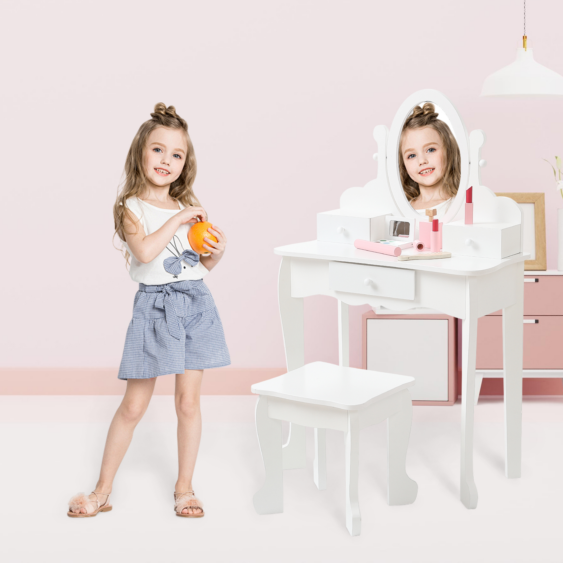 Ensemble coiffeuse Garvee pour enfants avec miroir réglable, coffret de maquillage en bois, blanc, table et tabouret, chambre de fille, 97 x 60 x 30 cm