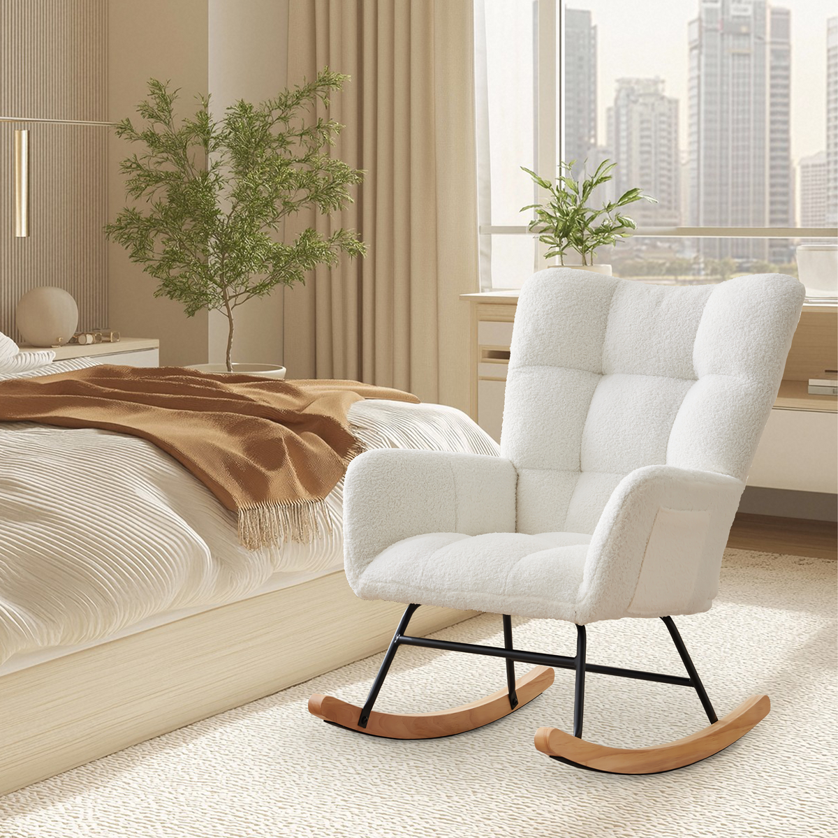 Fauteuil à bascule Garvee pour chambre d'enfant, en tissu peluche, ergonomique, stable, structure en fer, pieds en bois, beige, pour salon et chambre à coucher