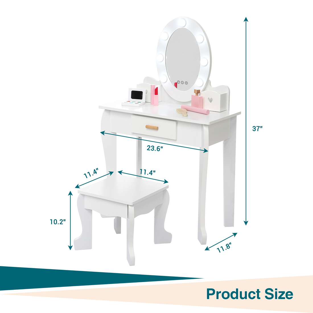 Ensemble coiffeuse Garvee pour enfants avec miroir et lumière, en bois MDF, bords arrondis, tabouret, pour filles de 4 à 9 ans, blanc, pour chambre et salle de jeux