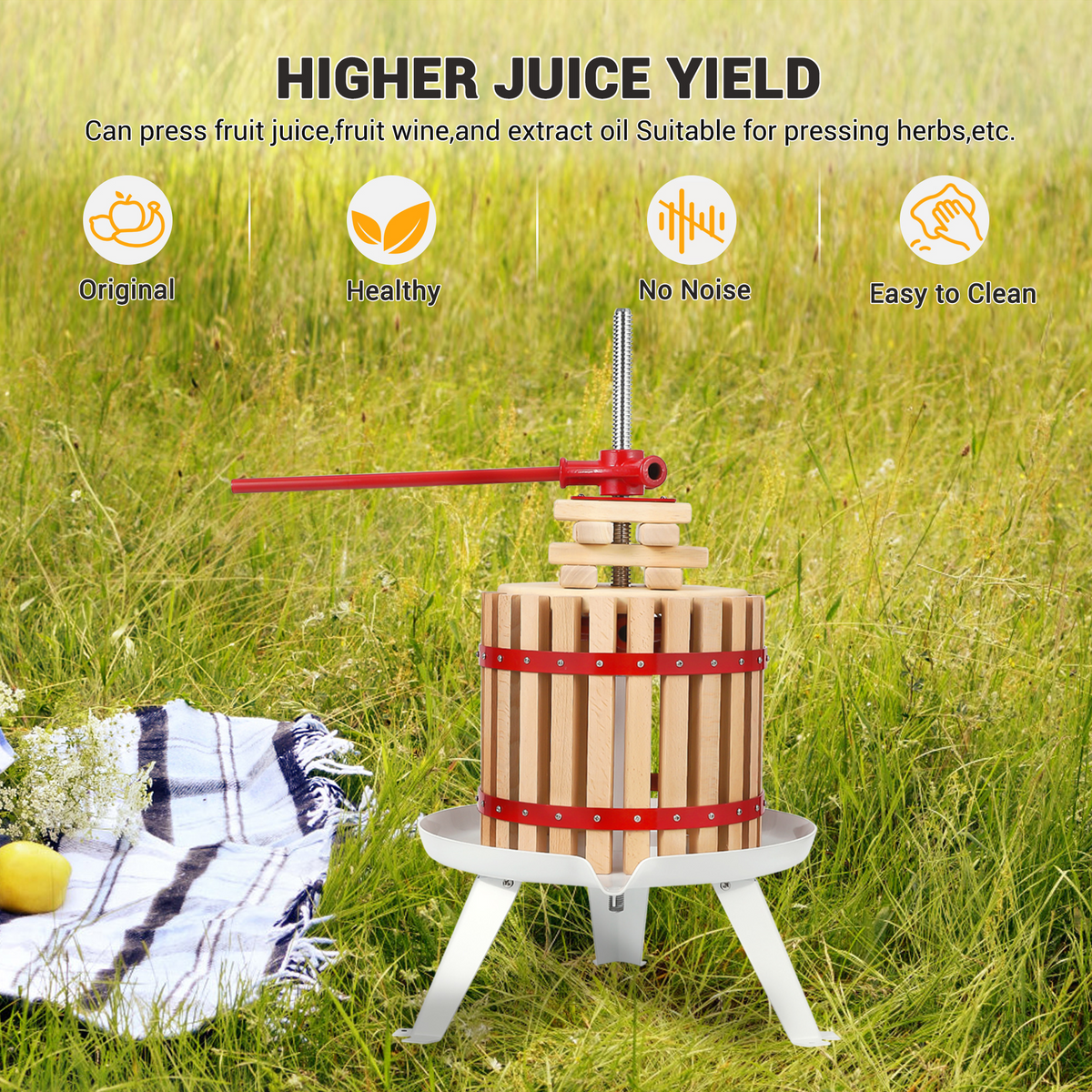 Garvee Pressoir manuel à fruits 12 L avec panier en bois, poignée en T et structure robuste, pour pommes, raisins et miel, vert