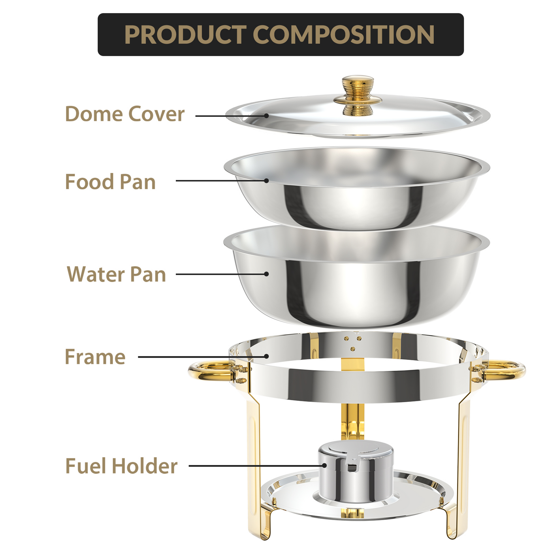 Ensemble de 6 chauffe-plats Garvee 5Qt en acier inoxydable avec couvercle bombé, idéal pour les traiteurs, mariages et fêtes - Grand ensemble professionnel
