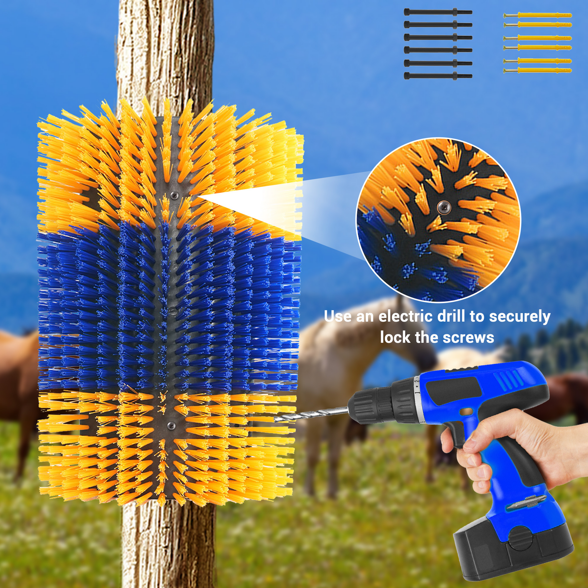 Brosse à gratter Garvee pour animaux (lot de 2) : poils en nylon, fixation flexible, extensible, idéale pour la ferme et les pâturages, polyvalente.