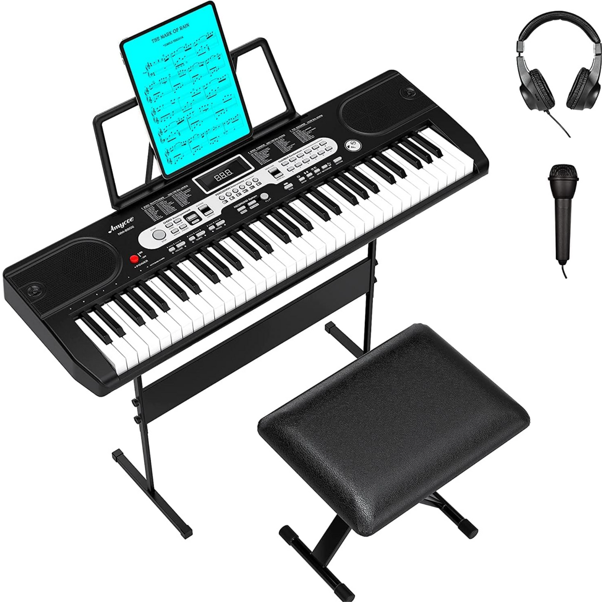 Garvee Piano clavier pour enfants, 61 touches, avec sac, microphone et casque, idéal pour les débutants, portable et utilisable à la maison, noir.