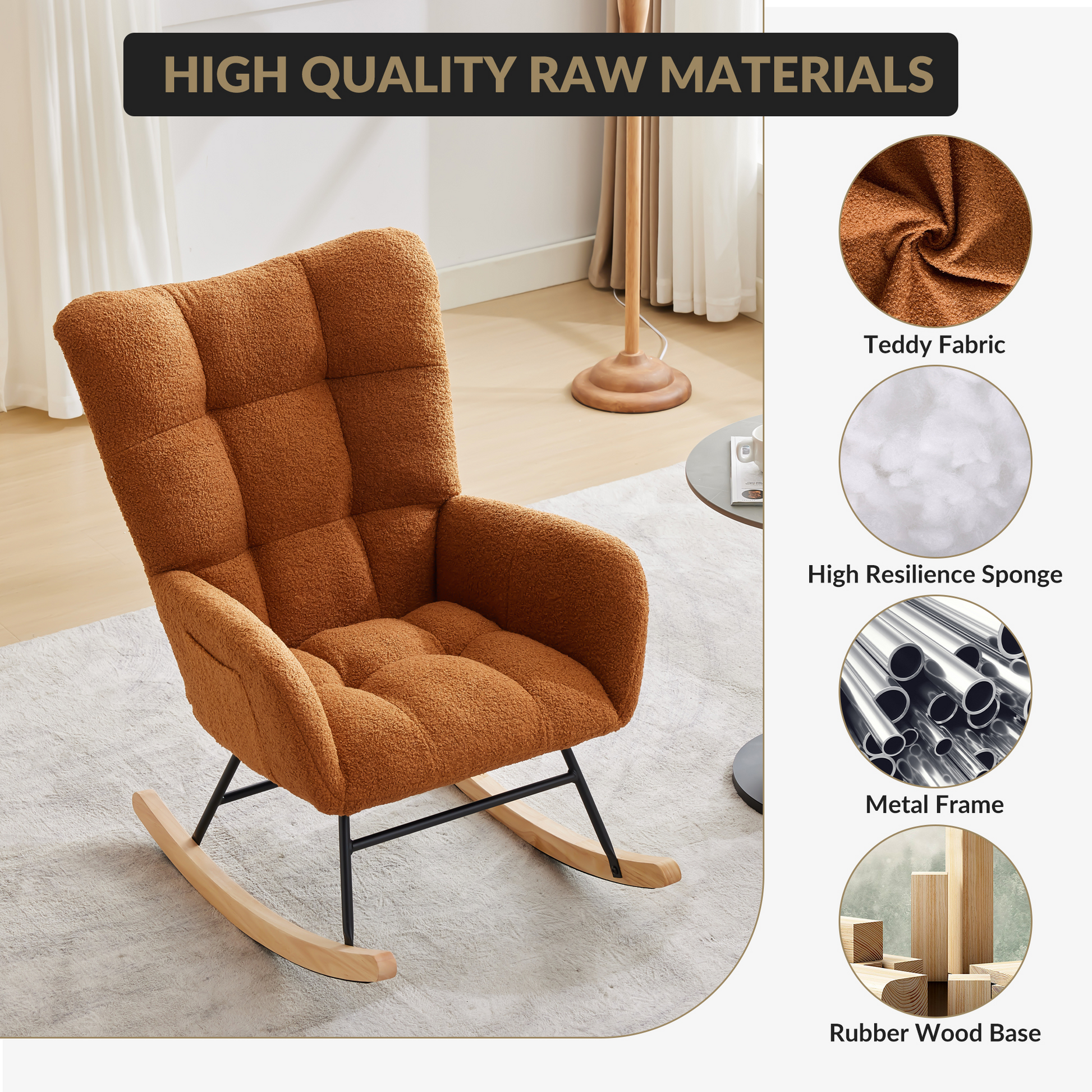 Fauteuil à bascule Garvee pour chambre d'enfant, ergonomique, revêtement doux en peluche, structure en fer, pieds en bois, marron, idéal pour l'allaitement et la détente.
