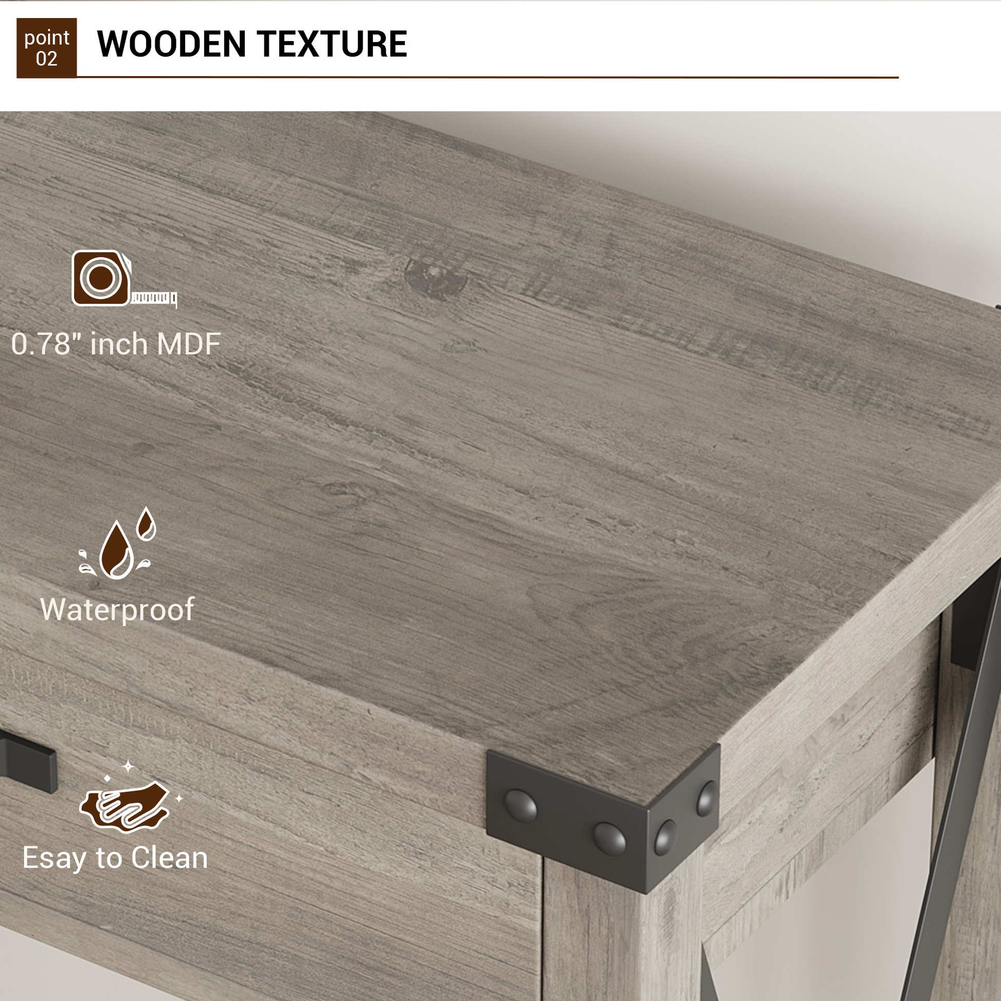 Console Garvee à 2 tiroirs, style campagnard, étagère de rangement, MDF et métal, gris, pour entrée et salon
