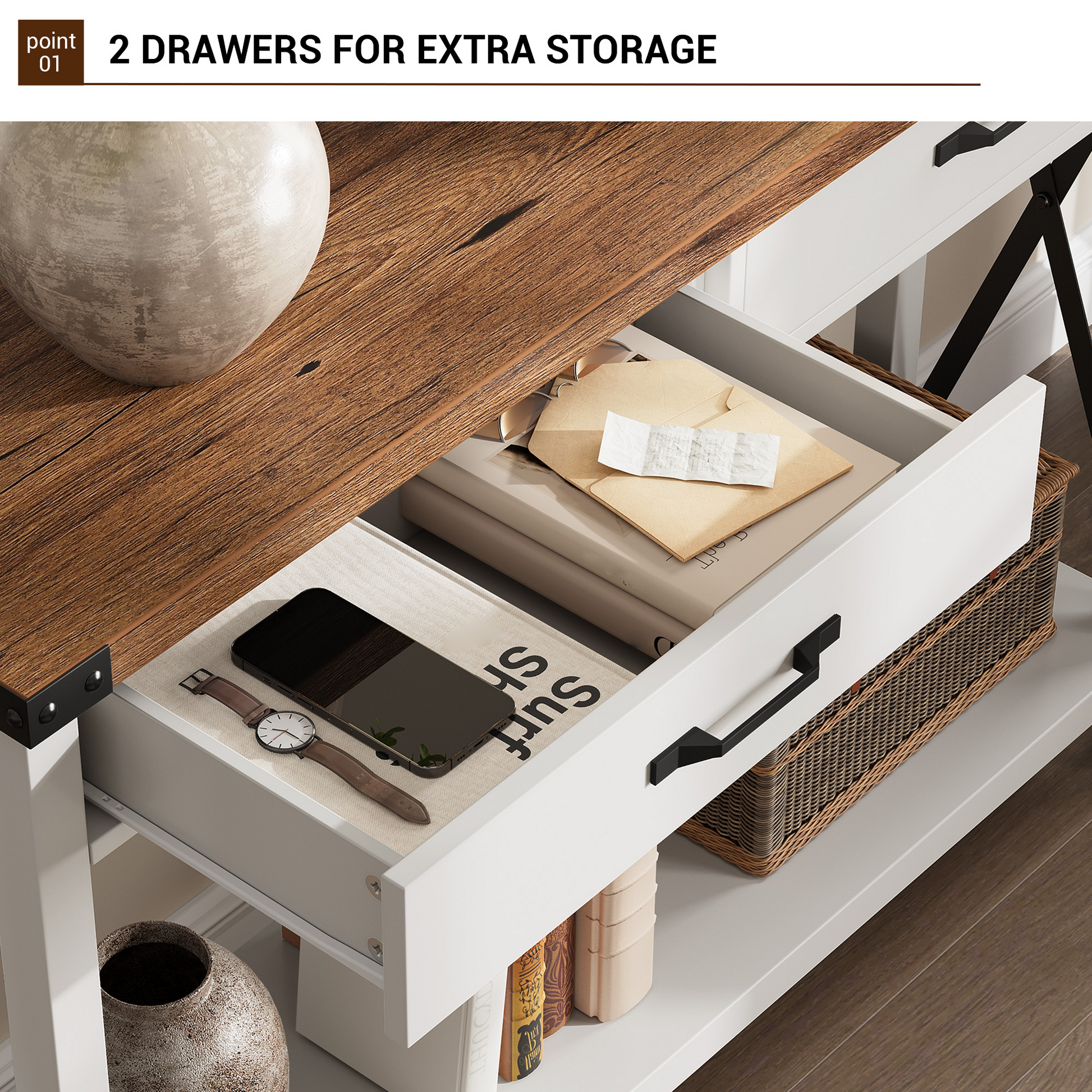 Console Garvee avec 2 tiroirs et une étagère, en bois et métal, robuste, style rustique moderne, noir et blanc, idéale pour une entrée ou un salon, 109 cm (L) x 76 cm (l) x 30 cm (H)