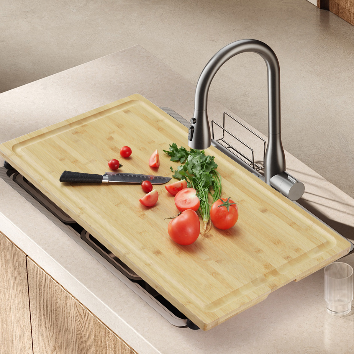 Garvee Planche de Découpe en Bambou Couvre-Plaque, Pieds Réglables et Rainure à Jus, pour Cuisine, Camping-Car et Plan de Travail, 76 × 51 cm