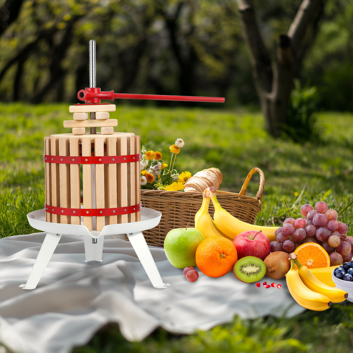 Garvee Pressoir manuel à fruits 12 L avec panier en bois, poignée en T et structure robuste, pour pommes, raisins et miel, vert