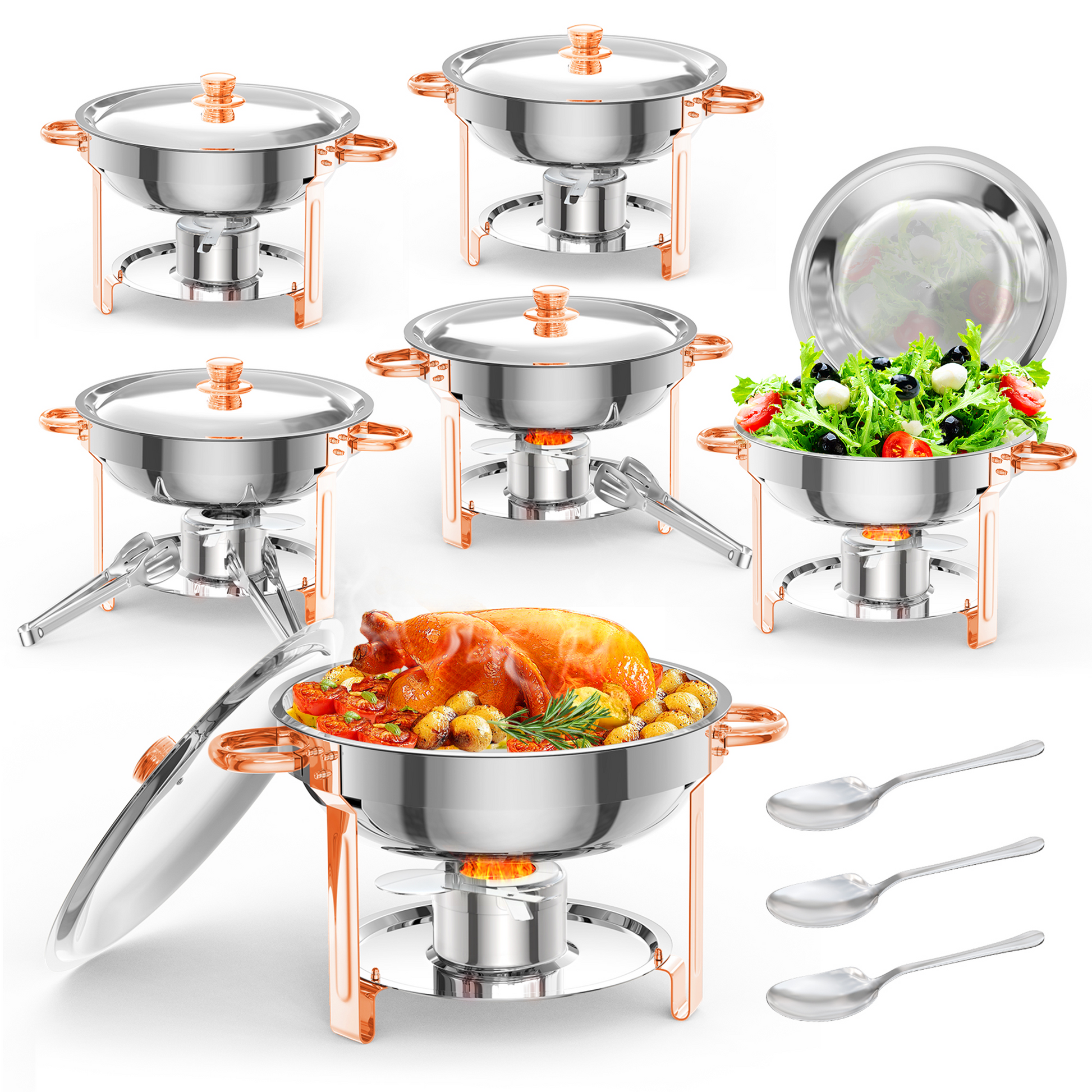 Ensemble de 6 pièces Garvee : réchauds ronds de 5 pintes en acier inoxydable doré rose, design rond, parfaits pour les traiteurs et les mariages.