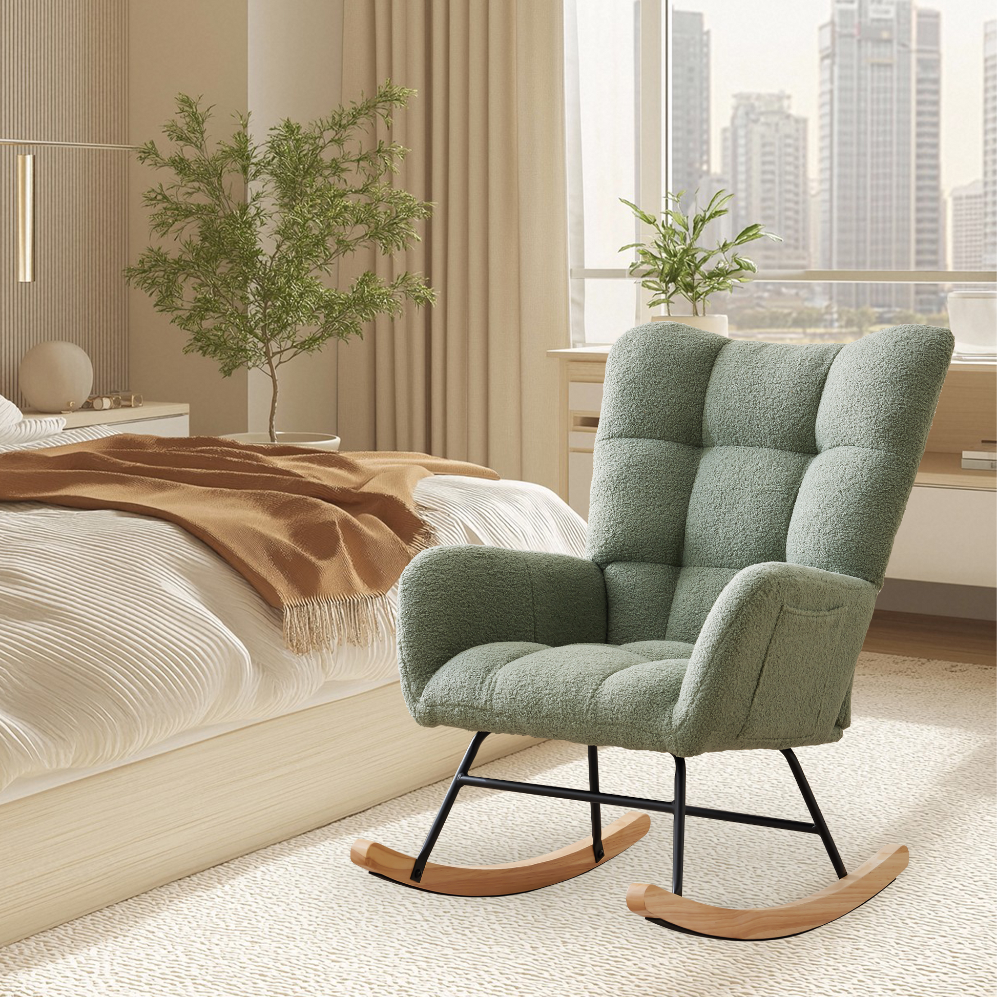 Fauteuil à bascule Garvee pour chambre d'enfant, avec housse en polaire douce, pour salon et chambre, 9 x 65 x 91 cm, beige