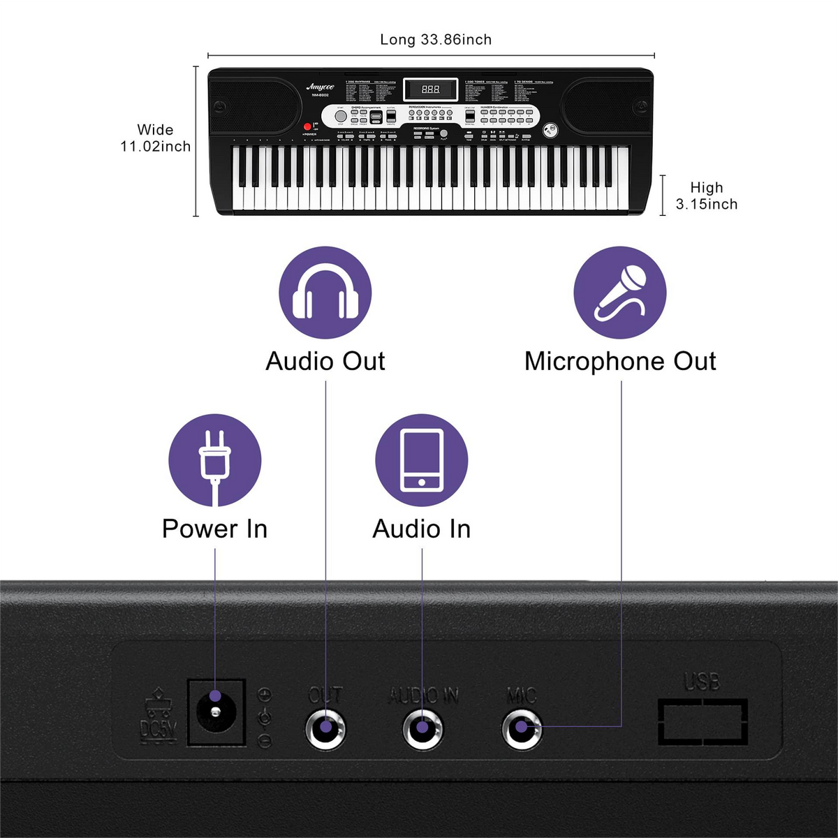 Garvee Piano clavier pour enfants, 61 touches, avec sac, microphone et casque, idéal pour les débutants, portable et utilisable à la maison, noir.